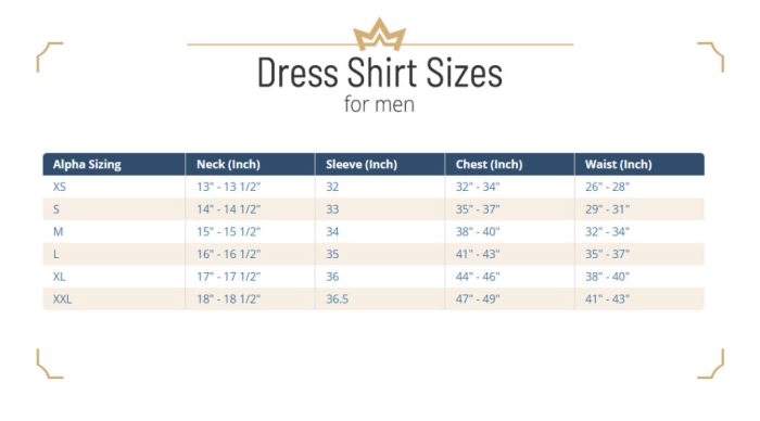 Men's dress shirt sizes